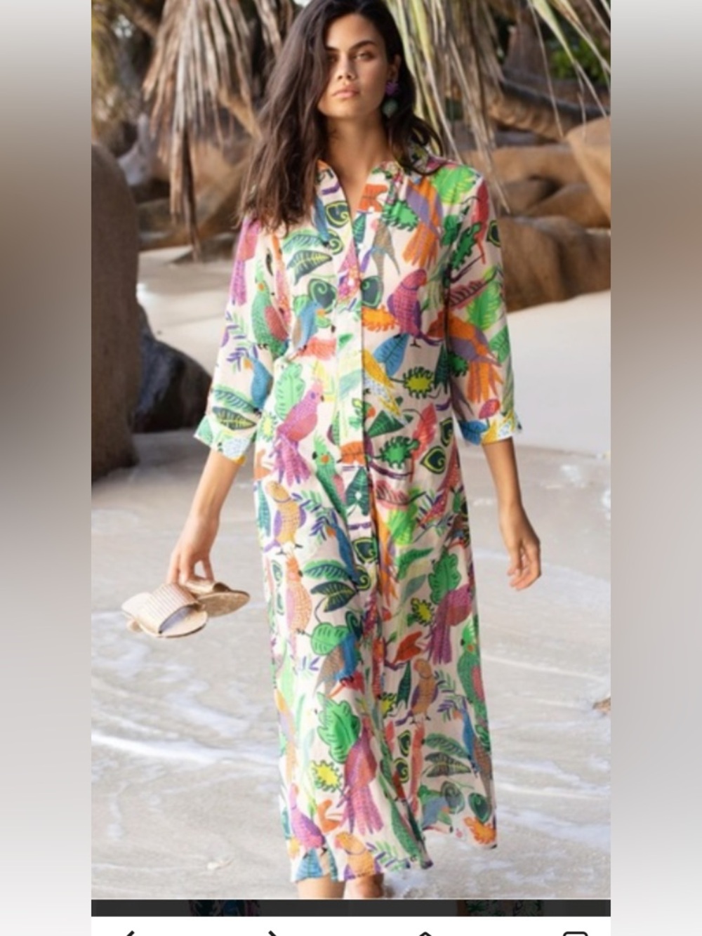 Oliphant Multicolor Tropical Bird Print Button-Up Maxi Dress